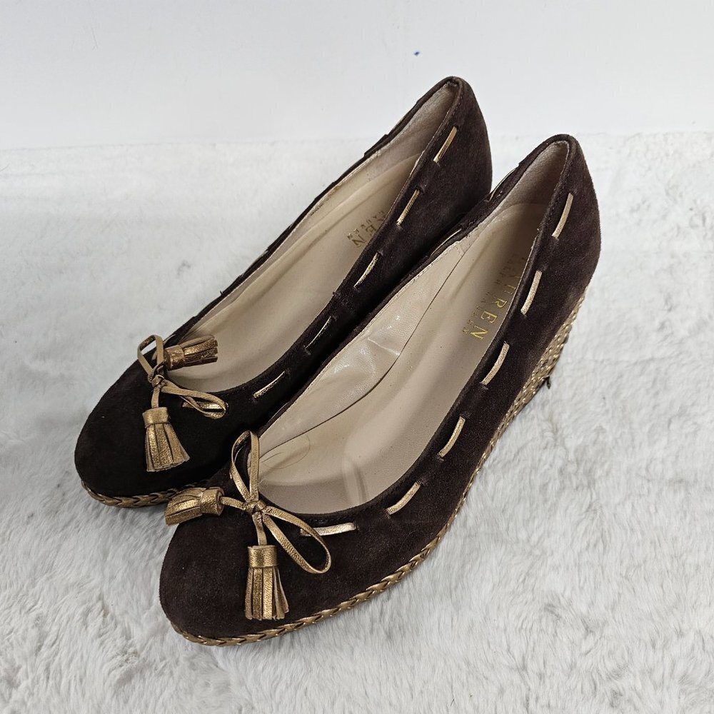 Lauren Ralph Lauren Cambree Chocolate Suede Gold Metallic Wedge Shoes Size 7 - Picture 3 of 16
